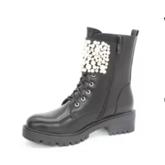NWOT - Pearl & Rhinestone Décor Combat Boots (Size 7) * Black - Picture 1 of 13